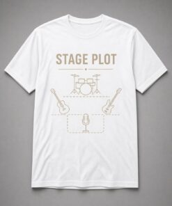 Stage Plot Band Diagram unisex t-shirt in white with band stage plot with drums, guitars and vocal mic