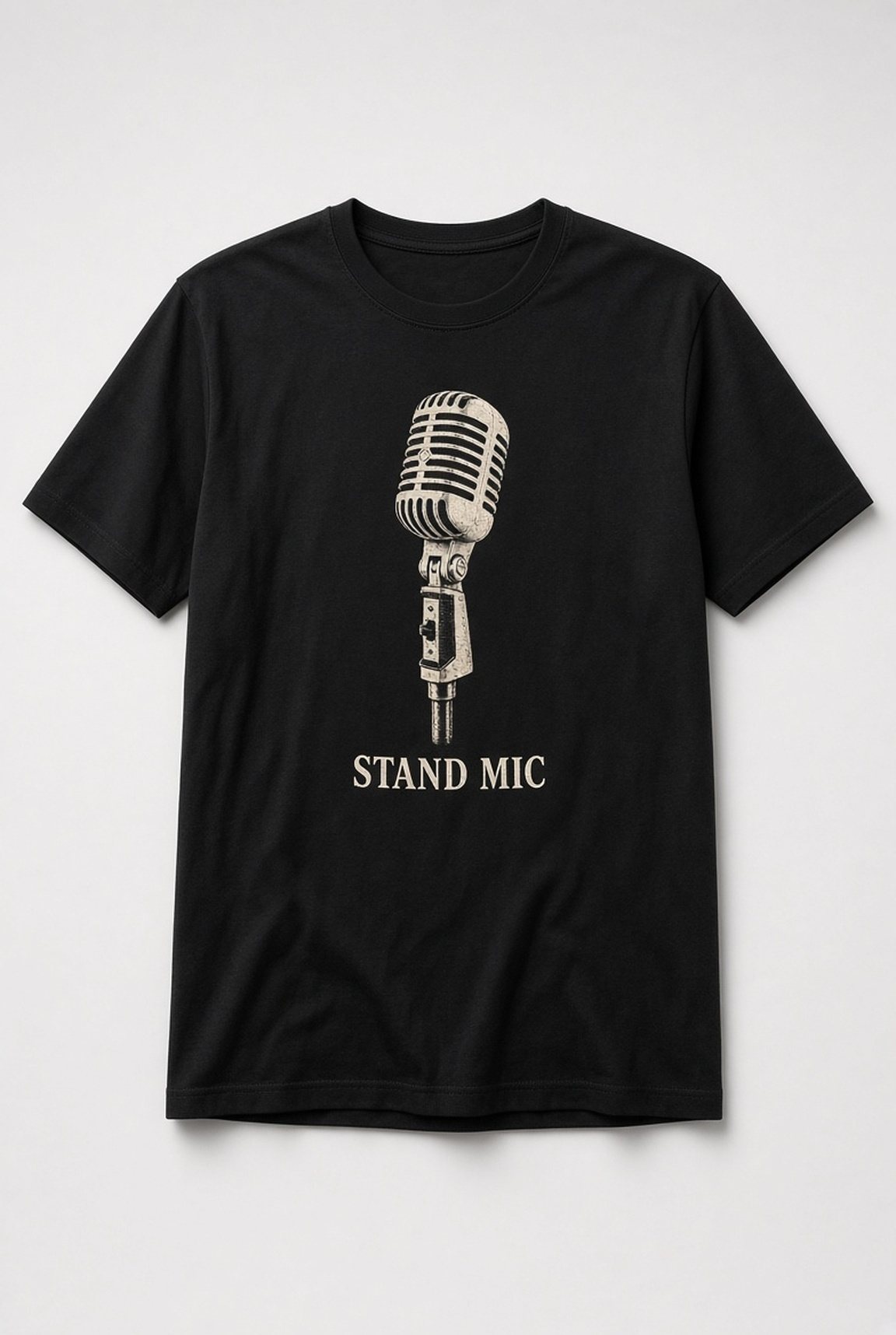 Stand Mic Vintage Microphone unisex t-shirt in black with detailed vintage microphone illustration