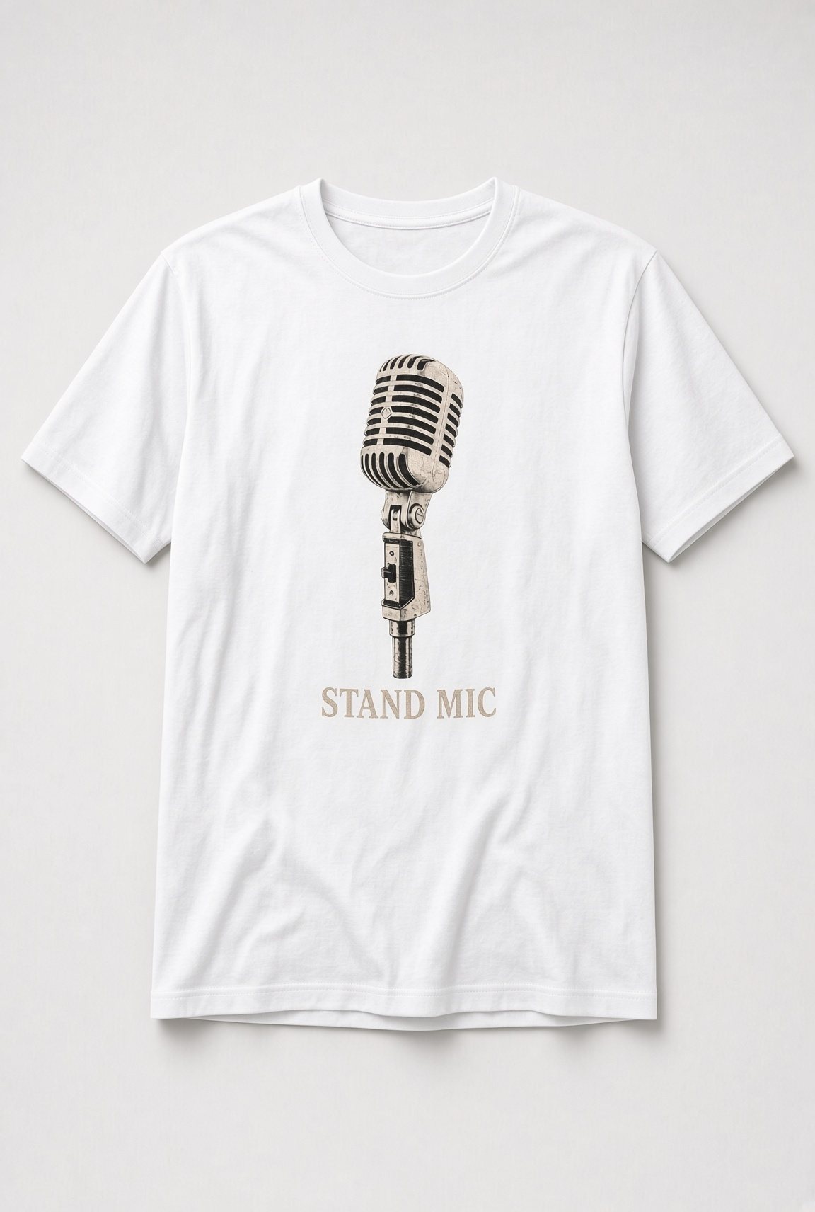 Stand Mic Vintage Microphone unisex t-shirt in white with detailed vintage microphone illustration