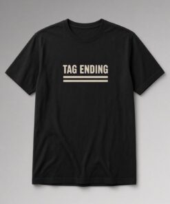 Tag Ending Bold Typography unisex t-shirt in black with bold condensed lettering above two thick lines