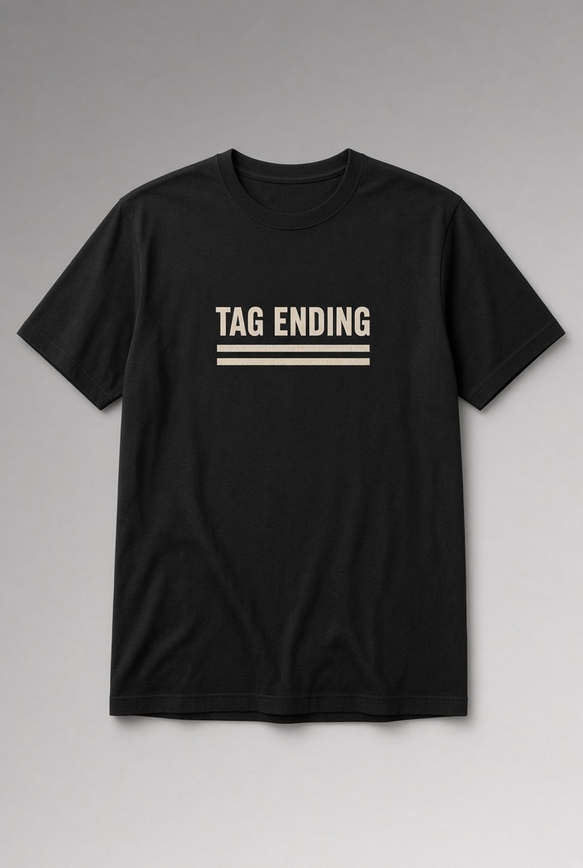 Tag Ending Bold Typography unisex t-shirt in black with bold condensed lettering above two thick lines
