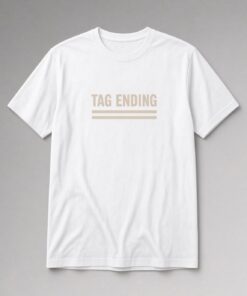 Tag Ending Bold Typography unisex t-shirt in white with bold condensed lettering above two thick lines