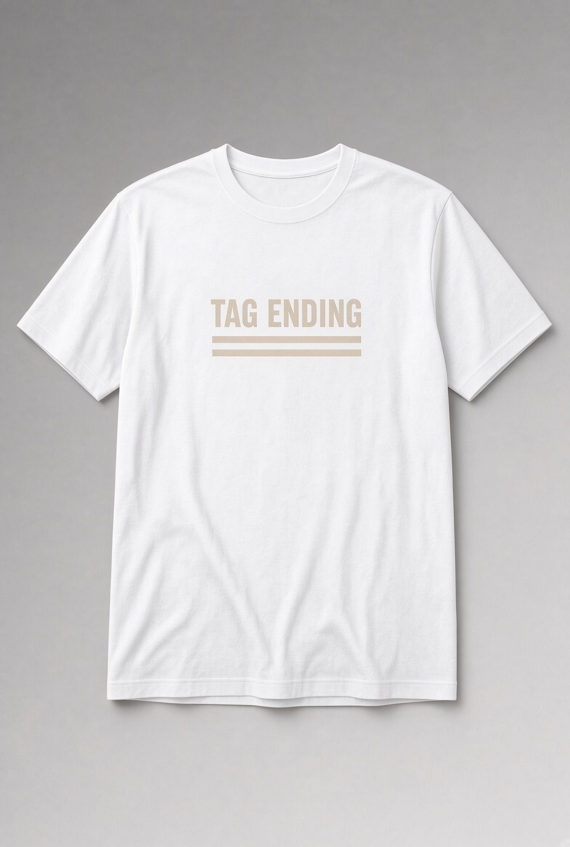 Tag Ending Bold Typography unisex t-shirt in white with bold condensed lettering above two thick lines