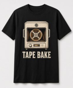Tape Bake Vintage Oven unisex t-shirt in black with tape reel inside a vintage oven
