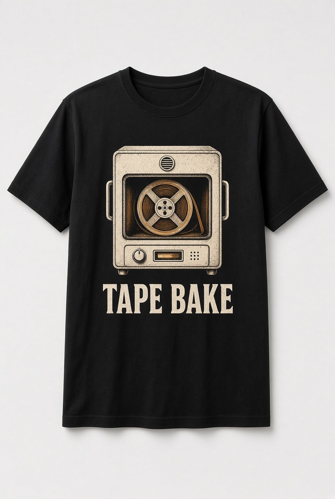 Tape Bake Vintage Oven unisex t-shirt in black with tape reel inside a vintage oven