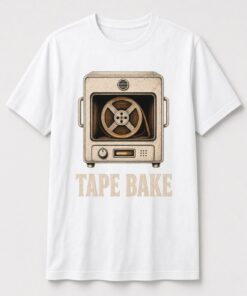 Tape Bake Vintage Oven unisex t-shirt in white with tape reel inside a vintage oven