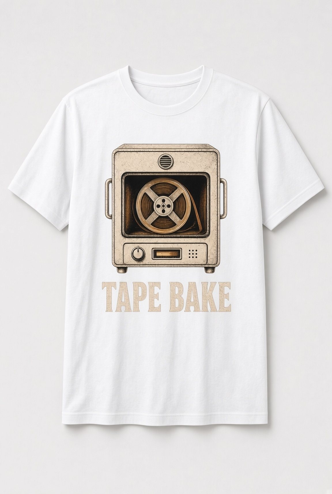 Tape Bake Vintage Oven unisex t-shirt in white with tape reel inside a vintage oven
