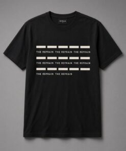 The Refrain Repeat Pattern unisex t-shirt in black with rows of bars with the words repeated