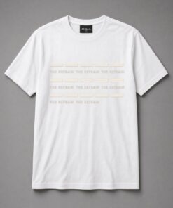 The Refrain Repeat Pattern unisex t-shirt in white with rows of bars with the words repeated