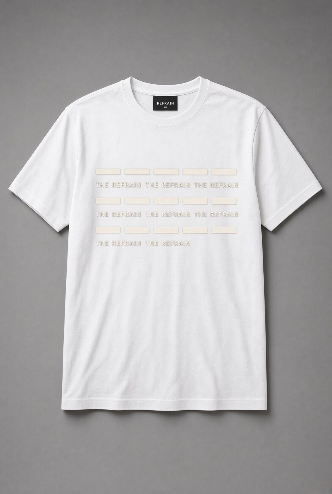 The Refrain Repeat Pattern unisex t-shirt in white with rows of bars with the words repeated